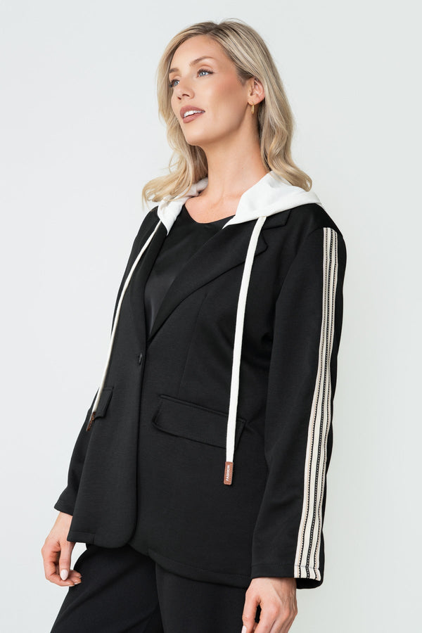 Carraig Donn Black Viscose Blend Side Stripe Hooded Blazer