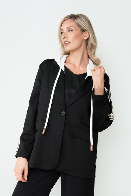 Black Viscose Blend Side Stripe Hooded Blazer