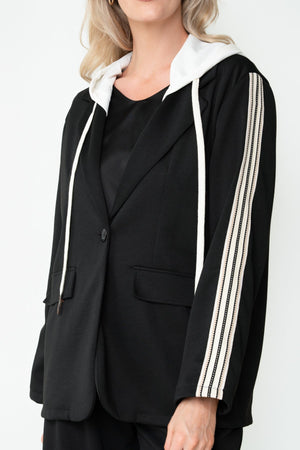 Carraig Donn Black Viscose Blend Side Stripe Hooded Blazer