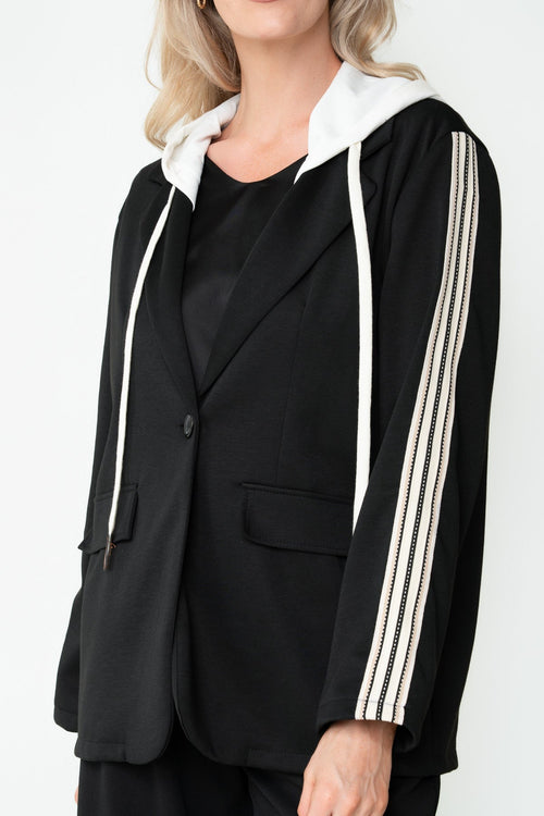 Carraig Donn Black Viscose Blend Side Stripe Hooded Blazer