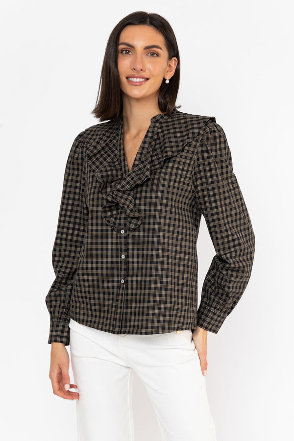 Carraig Donn Black Viscose Ruffle Collar Check Shirt