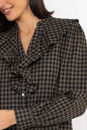 Carraig Donn Black Viscose Ruffle Collar Check Shirt