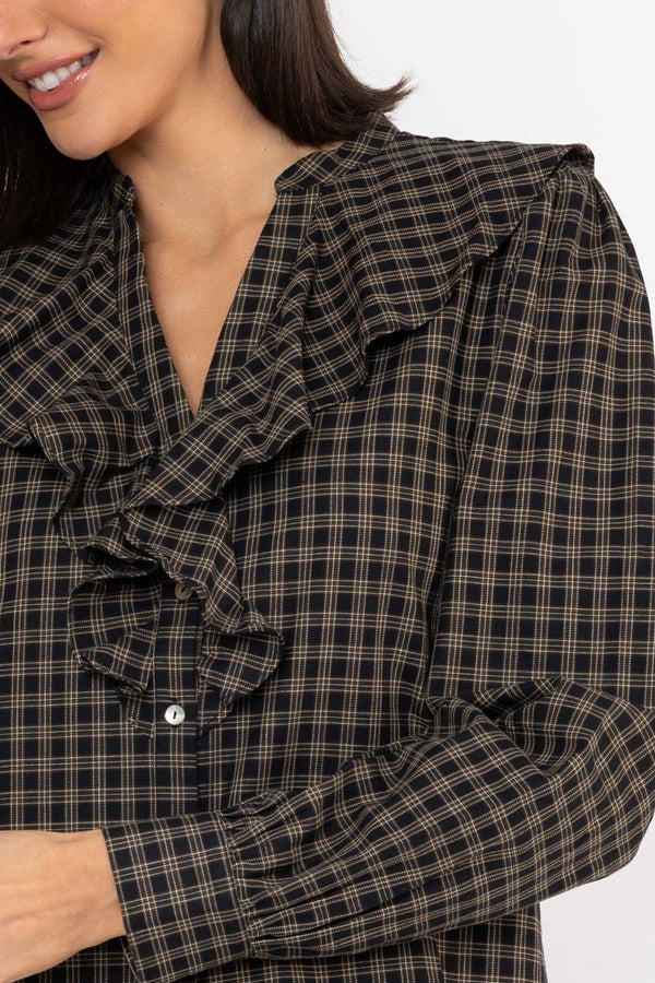 Carraig Donn Black Viscose Ruffle Collar Check Shirt