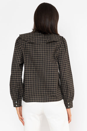 Carraig Donn Black Viscose Ruffle Collar Check Shirt