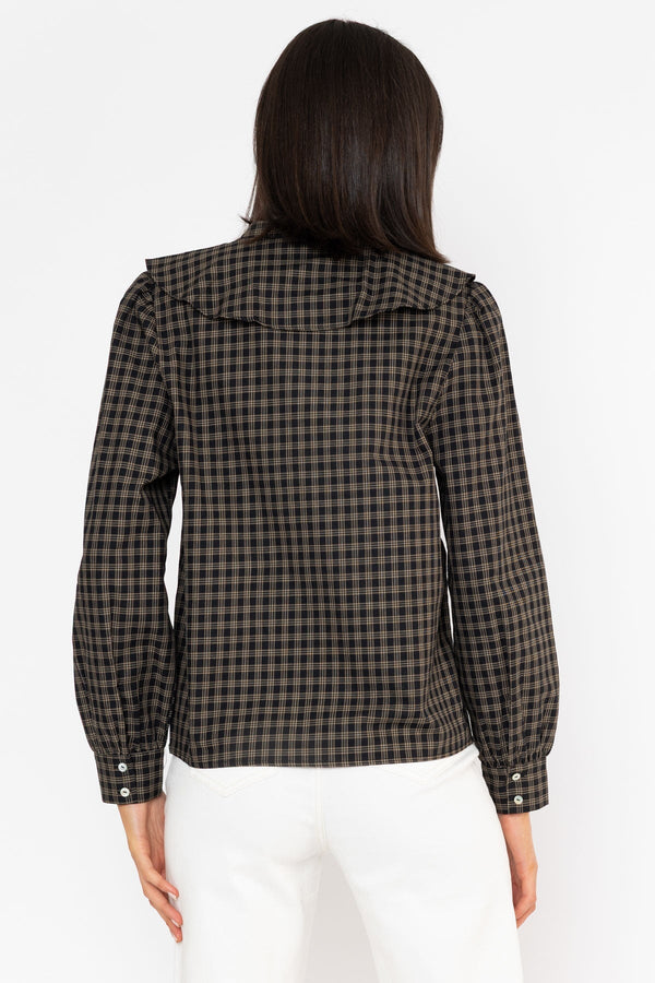 Carraig Donn Black Viscose Ruffle Collar Check Shirt