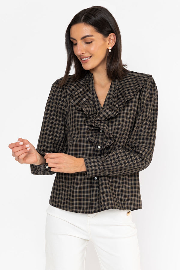 Carraig Donn Black Viscose Ruffle Collar Check Shirt