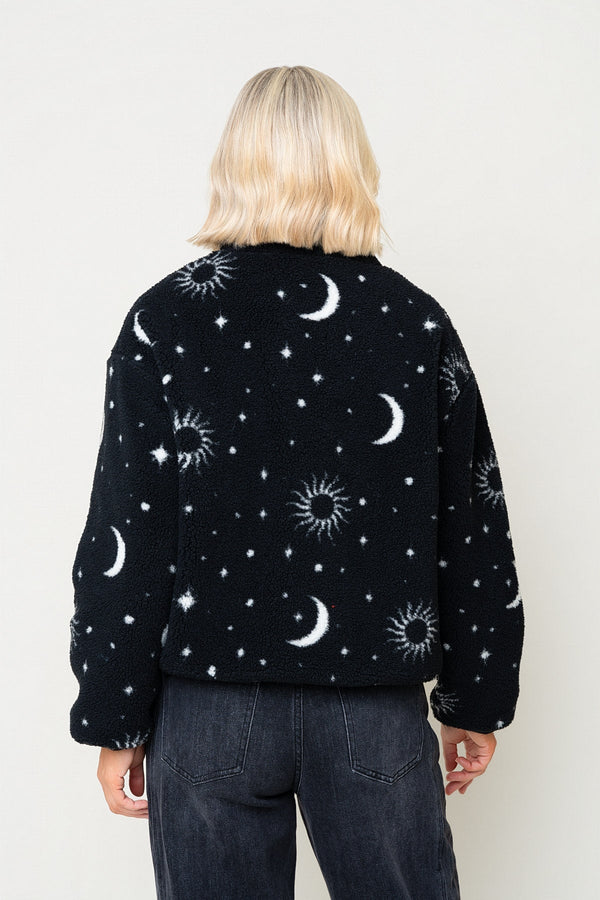 Carraig Donn Black & White Celestial Print Teddy Three Button Fleece