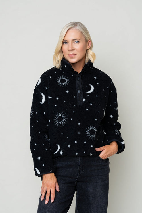 Black & White Celestial Print Teddy Three Button Fleece