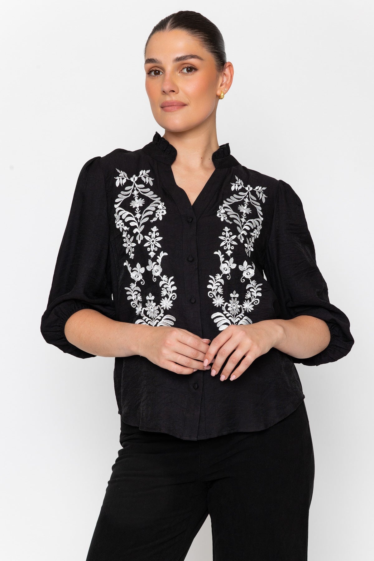 Black & White Embroidered Detail 3/4 Sleeve Blouse