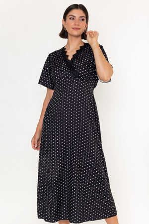 Carraig Donn Black & White Polka Dot Print Lace Trim Short Sleeve Midi Dress