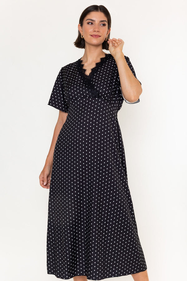 Carraig Donn Black & White Polka Dot Print Lace Trim Short Sleeve Midi Dress