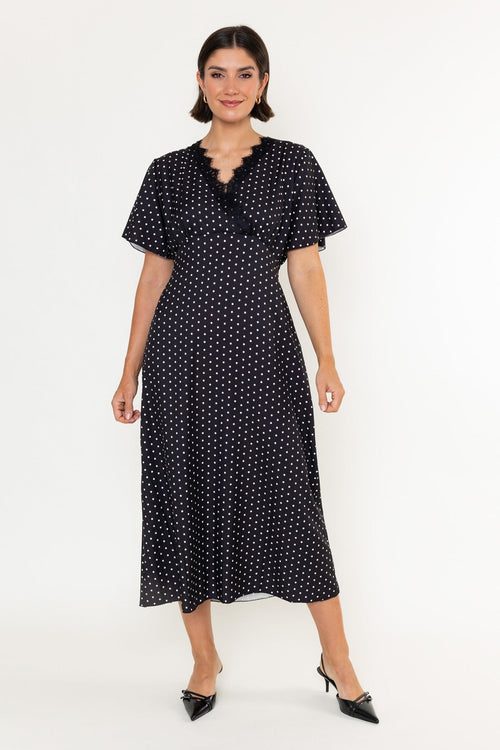 Black & White Polka Dot Print Lace Trim Short Sleeve Midi Dress