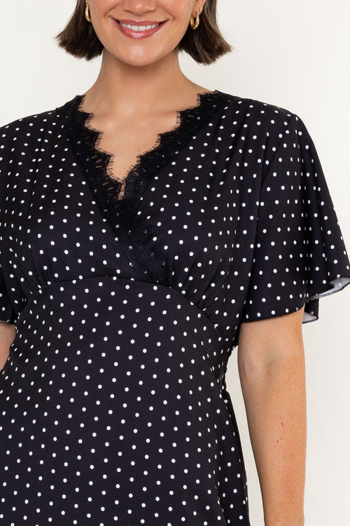 Carraig Donn Black & White Polka Dot Print Lace Trim Short Sleeve Midi Dress