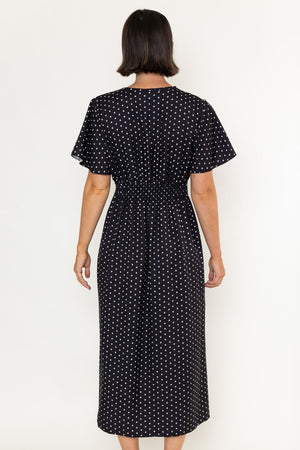 Carraig Donn Black & White Polka Dot Print Lace Trim Short Sleeve Midi Dress