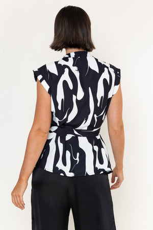 Carraig Donn Black & White Printed Keyhole Cutout Belted Cap Sleeve Top