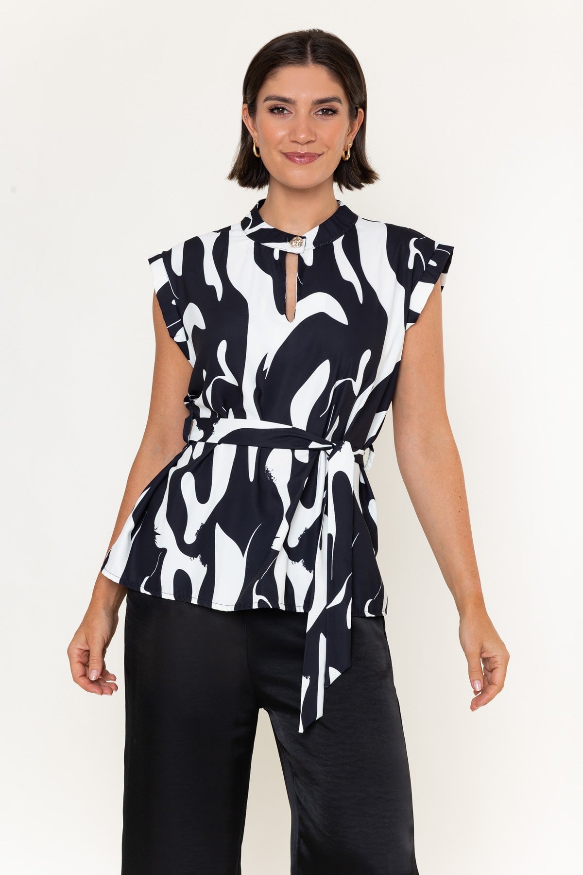 Black & White Printed Keyhole Cutout Belted Cap Sleeve Top