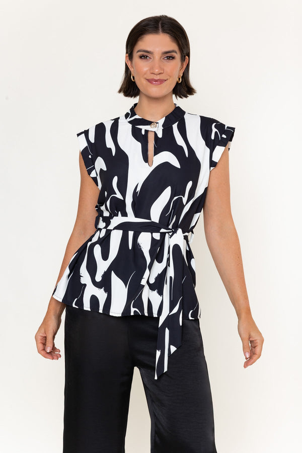 Carraig Donn Black & White Printed Keyhole Cutout Belted Cap Sleeve Top