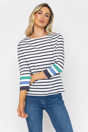 Carraig Donn Black & White Stripe 3/4 Length Sleeve Top