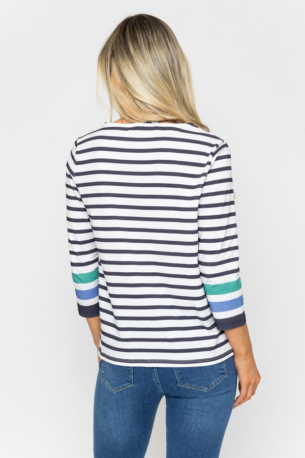 Carraig Donn Black & White Stripe 3/4 Length Sleeve Top