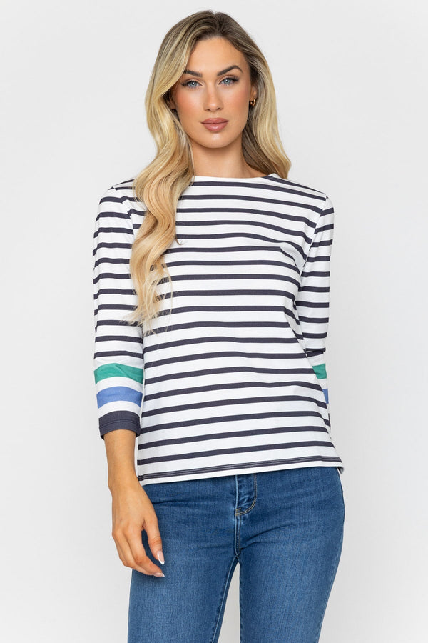 Carraig Donn Black & White Stripe 3/4 Length Sleeve Top