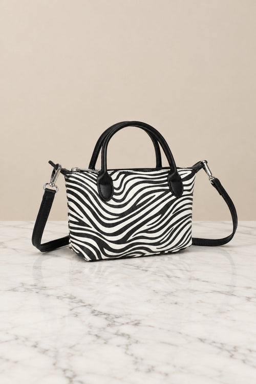 Black & White Zebra Print Top Handle Mini Tote Bag