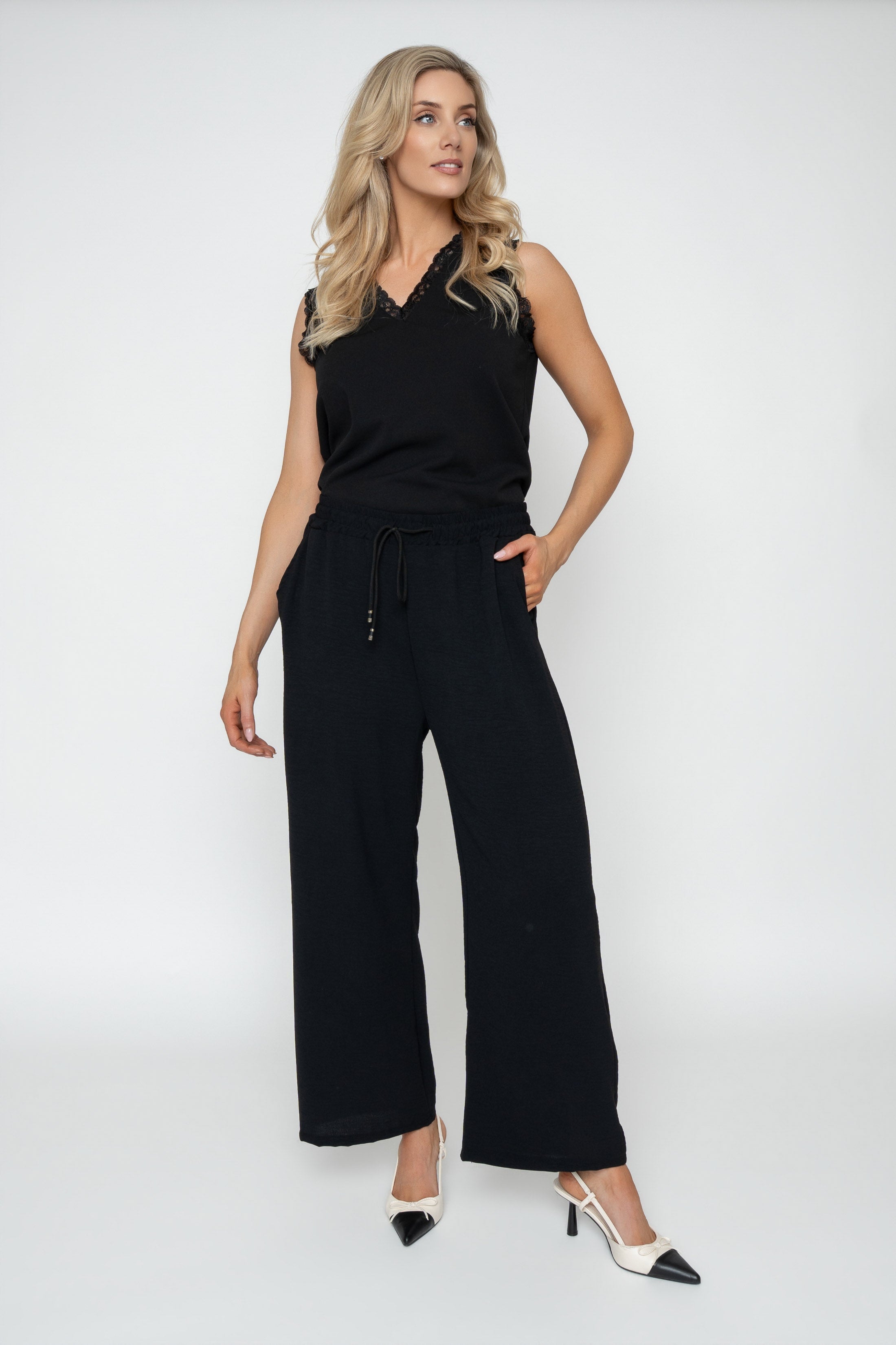 Black Wide Leg Crinkle Trousers