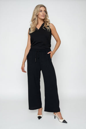 Carraig Donn Black Wide Leg Crinkle Trousers