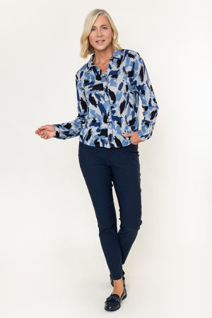Carraig Donn Blue Abstract Print Collar Button Long Sleeve Blouse