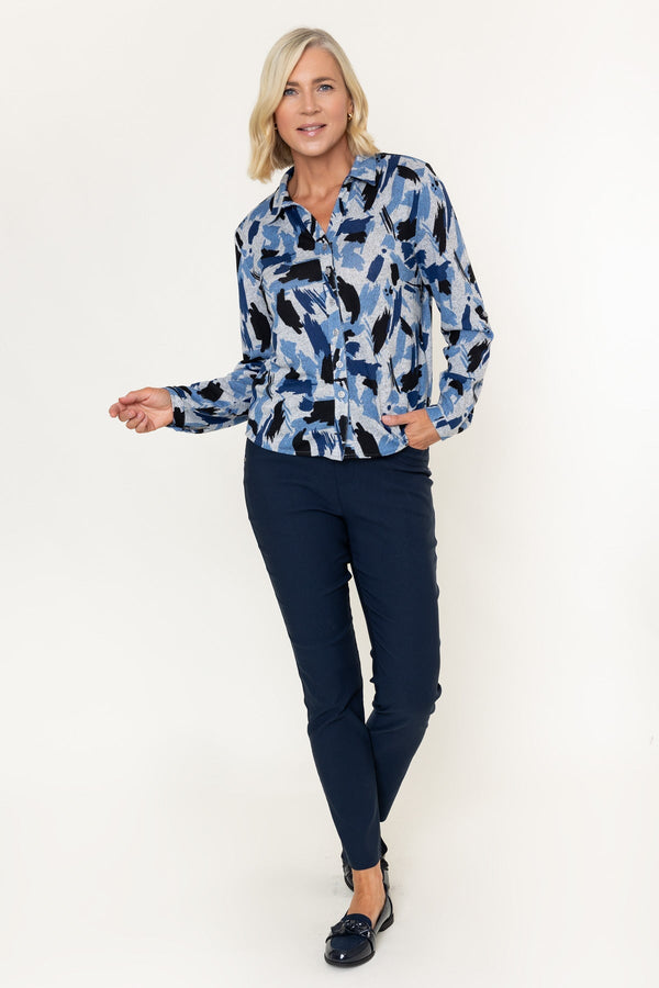 Carraig Donn Blue Abstract Print Collar Button Long Sleeve Blouse