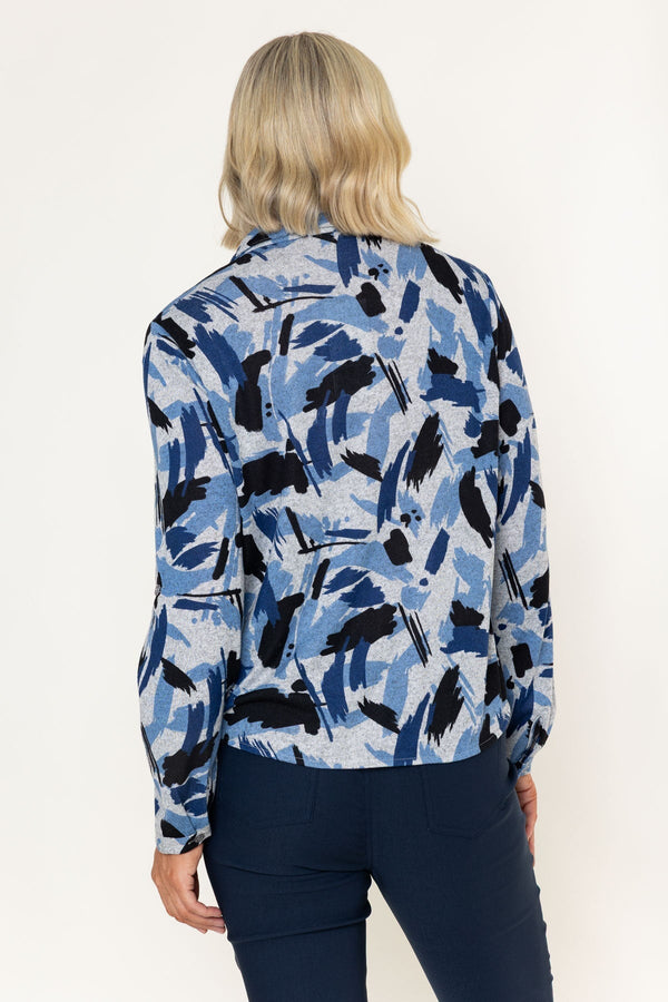 Carraig Donn Blue Abstract Print Collar Button Long Sleeve Blouse