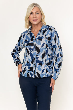 Carraig Donn Blue Abstract Print Collar Button Long Sleeve Blouse