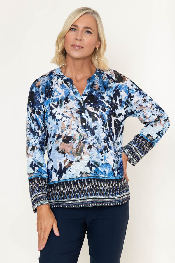 Carraig Donn Blue Abstract Printed Placket Long Sleeve Top