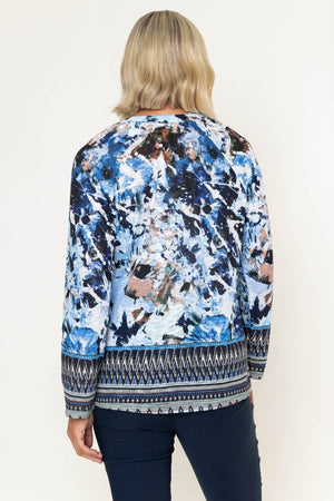 Carraig Donn Blue Abstract Printed Placket Long Sleeve Top