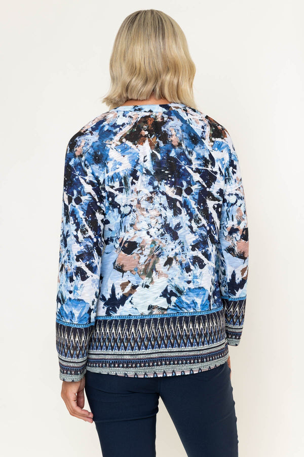 Carraig Donn Blue Abstract Printed Placket Long Sleeve Top