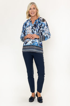 Carraig Donn Blue Abstract Printed Placket Long Sleeve Top