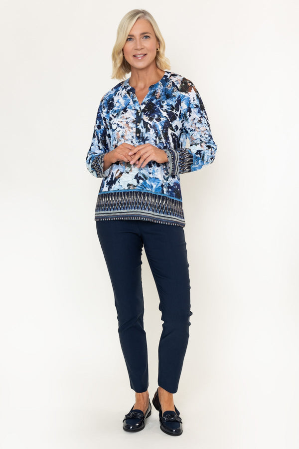 Carraig Donn Blue Abstract Printed Placket Long Sleeve Top
