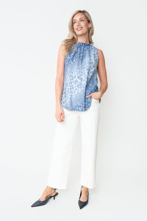 Carraig Donn Blue Animal Print Viscose High Neck Sleeveless Top