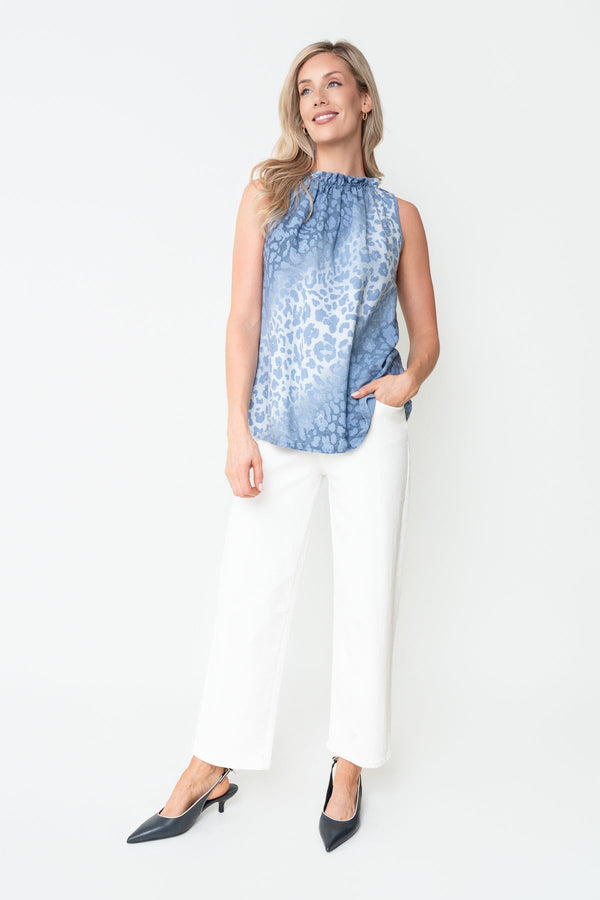 Carraig Donn Blue Animal Print Viscose High Neck Sleeveless Top