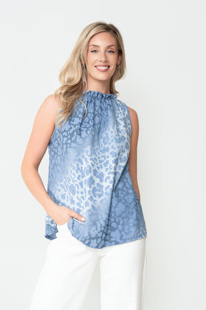 Carraig Donn Blue Animal Print Viscose High Neck Sleeveless Top