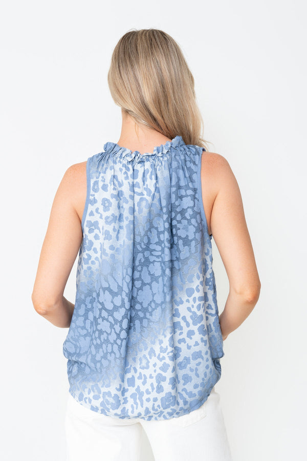 Carraig Donn Blue Animal Print Viscose High Neck Sleeveless Top