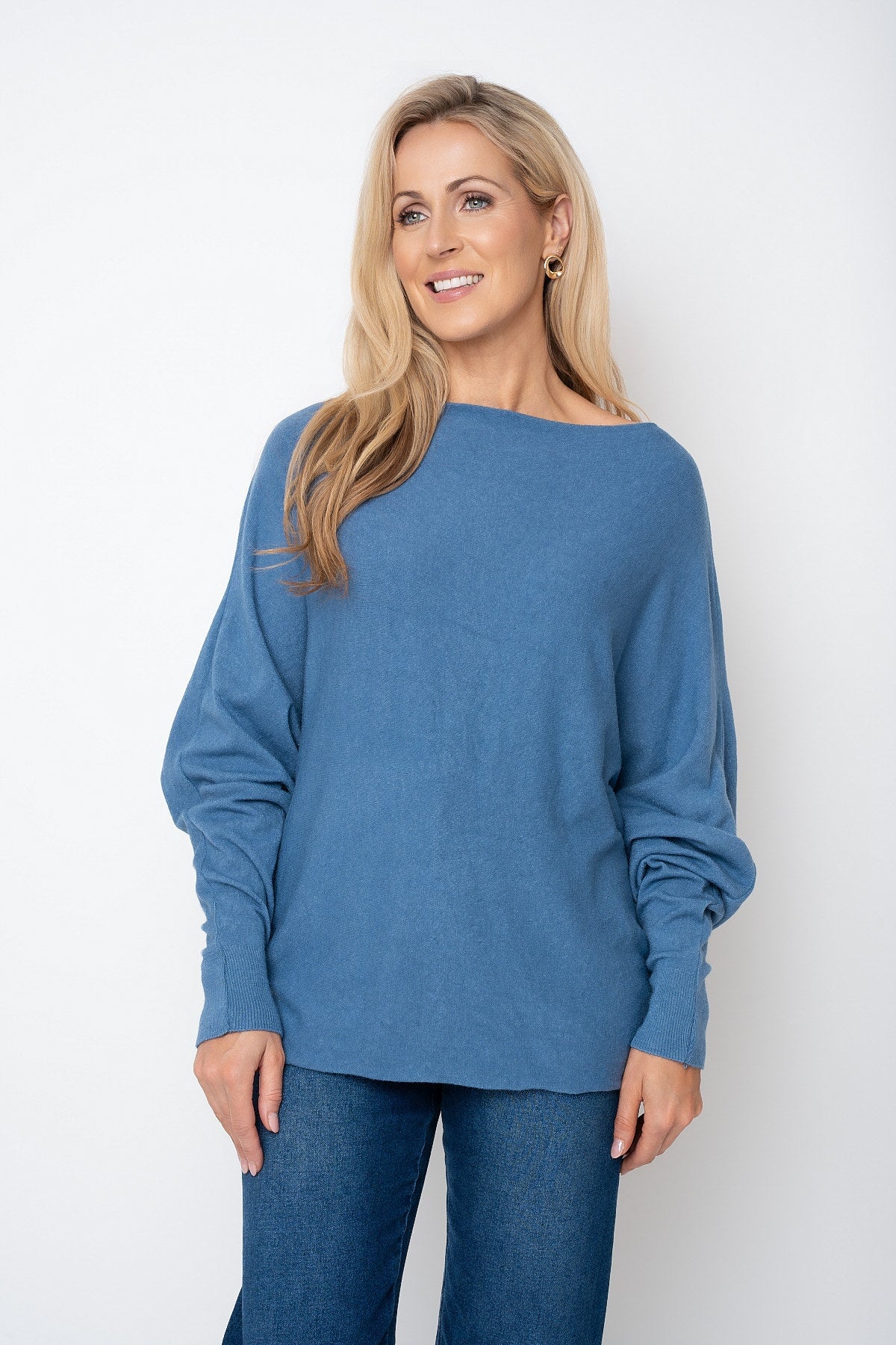 Blue Batwing Boat Neck Knit Jumper