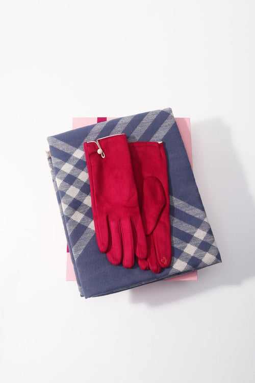 Carraig Donn Blue Check Scarf & Red Button Glove Gift Set