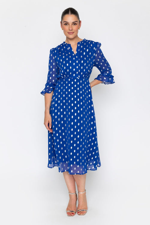 Blue Chiffon Silver Foil Print A-Line 3/4 Sleeve Midi Dress