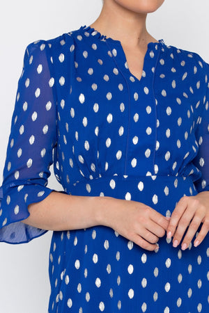 Carraig Donn Blue Chiffon Silver Foil Print A-Line 3/4 Sleeve Midi Dress