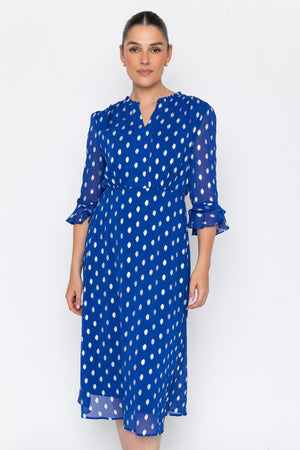 Carraig Donn Blue Chiffon Silver Foil Print A-Line 3/4 Sleeve Midi Dress