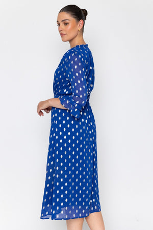 Carraig Donn Blue Chiffon Silver Foil Print A-Line 3/4 Sleeve Midi Dress