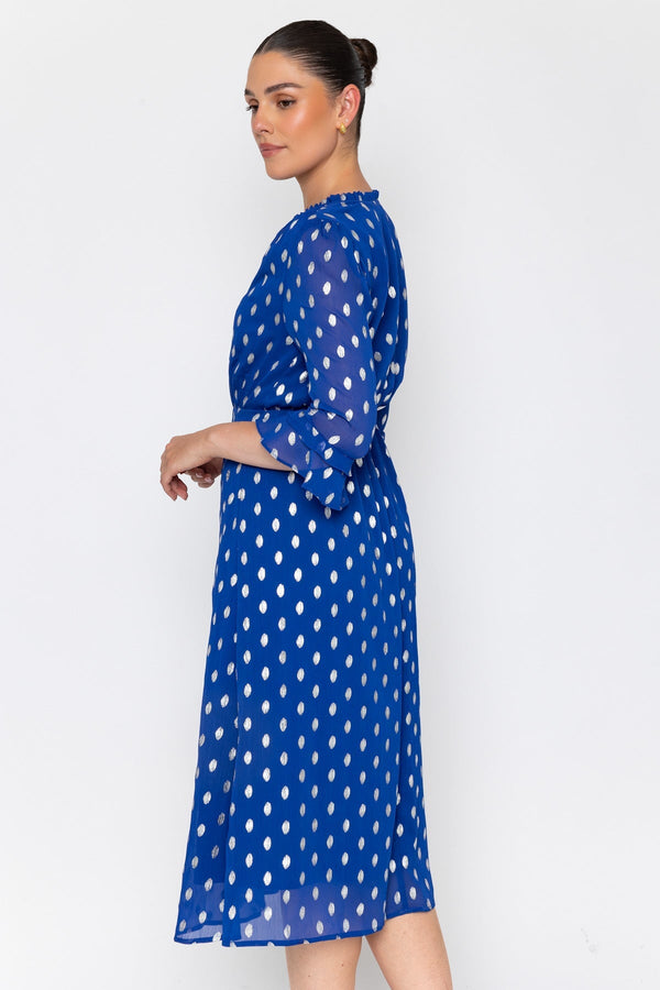 Carraig Donn Blue Chiffon Silver Foil Print A-Line 3/4 Sleeve Midi Dress