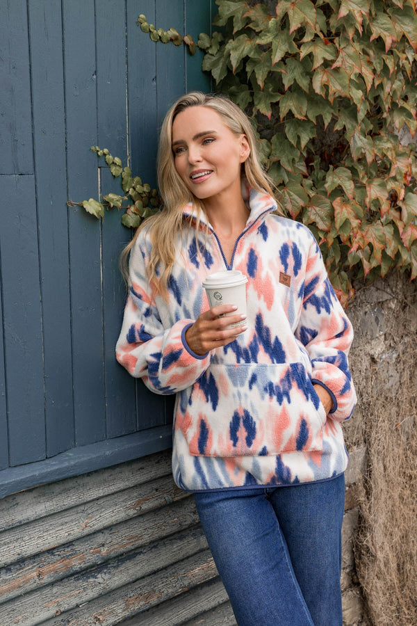 Carraig Donn Blue & Coral Print Bonded Sherpa Half Zip Fleece