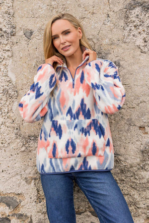 Carraig Donn Blue & Coral Print Bonded Sherpa Half Zip Fleece
