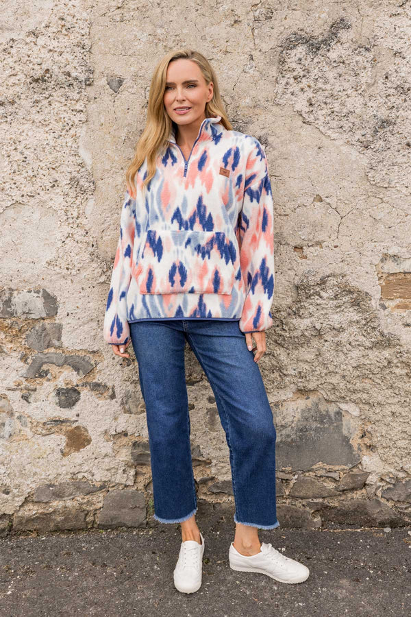 Carraig Donn Blue & Coral Print Bonded Sherpa Half Zip Fleece
